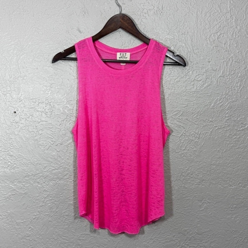 PST Project Social T Tank Top L Neon Pink Sheer Burnout Slub Knit Raw Hem Rave